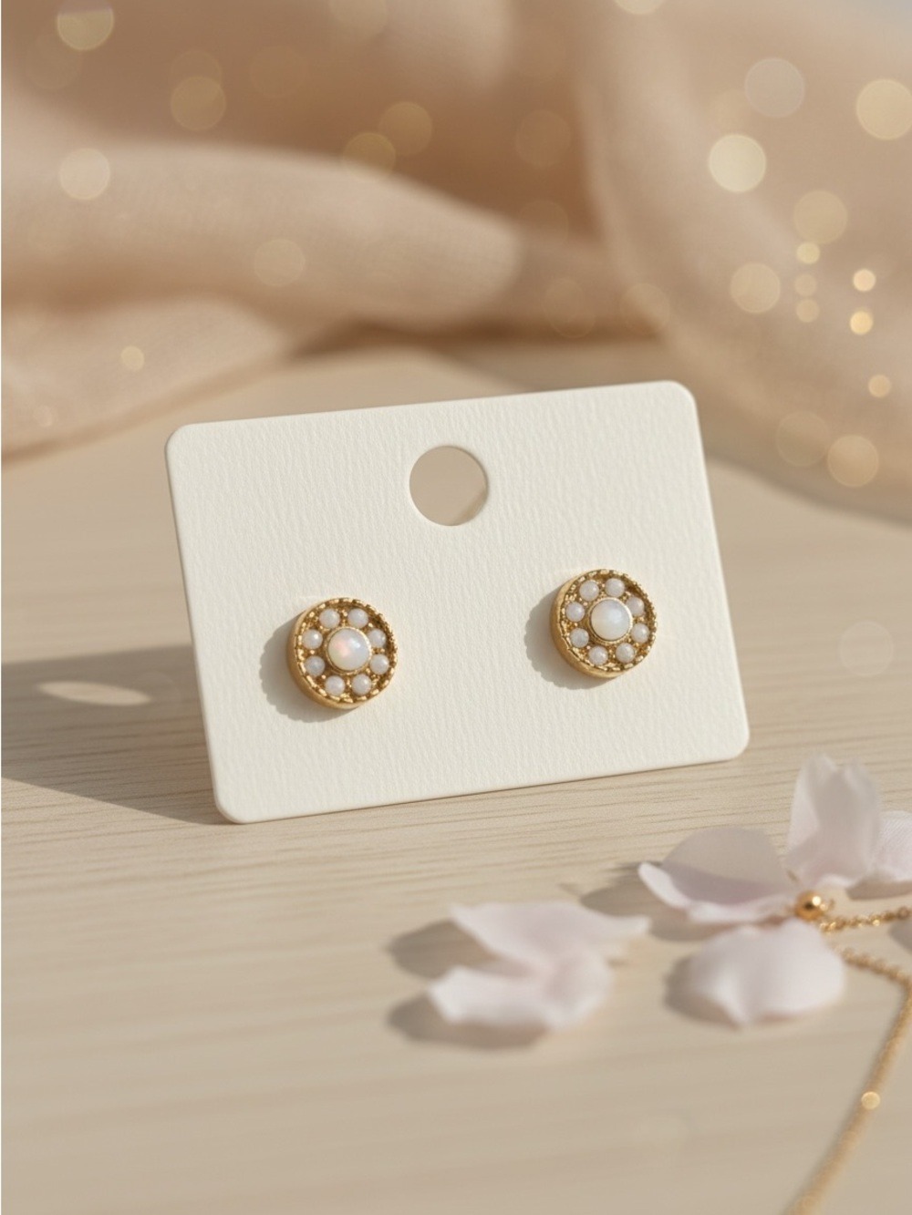 Gold Tone White Enamel Circle Stud Earrings